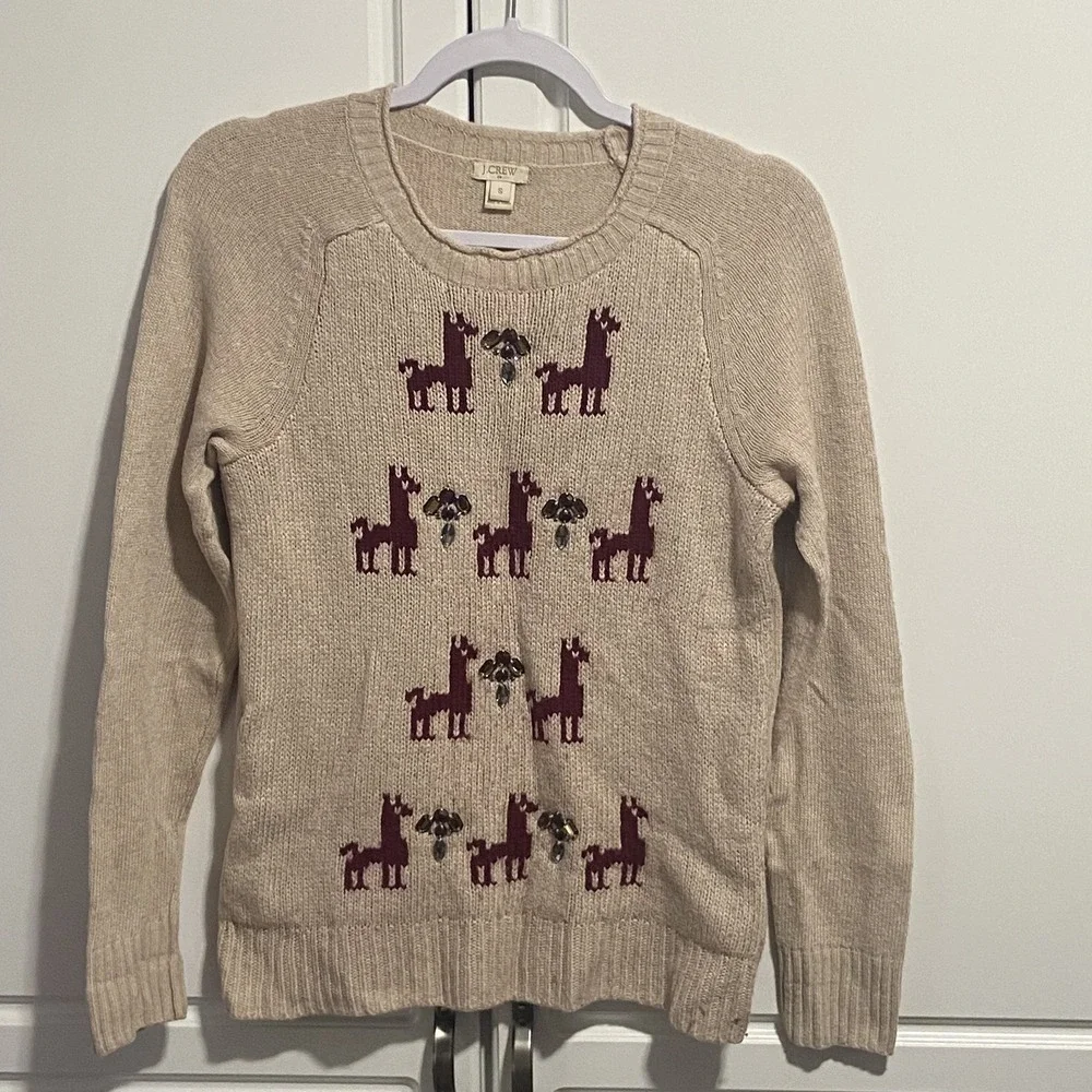J Crew Merino Wool Blend Tan Llama Gem Embellished Crew Neck Sweater Small